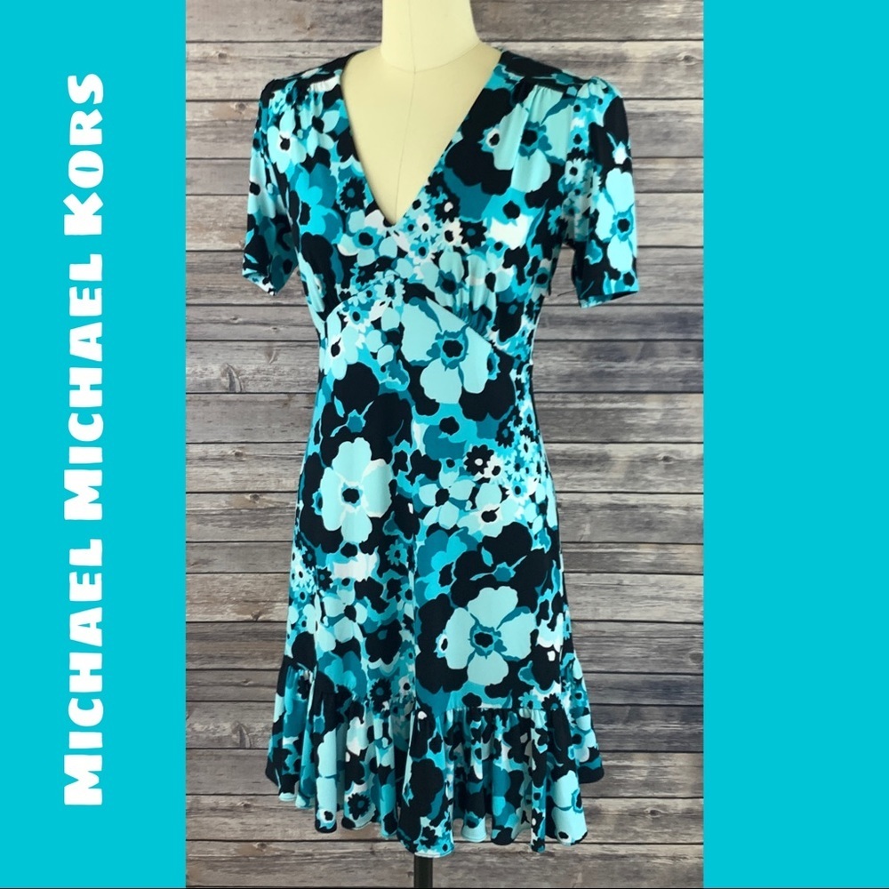 Michael Michael Kors Blue Floral Ruffle Short Sleeve V-neck Dress